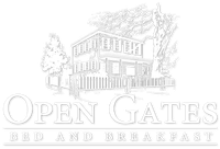 Open Gates Bed and Breakfast logo with a house illustration and trees