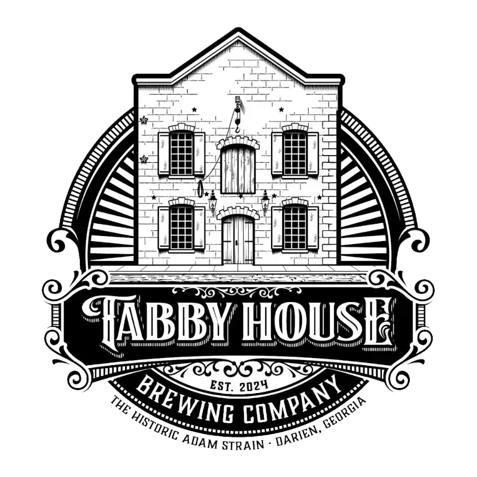 Black-and-white logo of a house with “Tabby House Brewing Company” text and arched decorative elements
