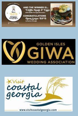 Three stacked logos: award banner, Golden Isles GIWIA wedding association, and Visit Coastal Georgia.