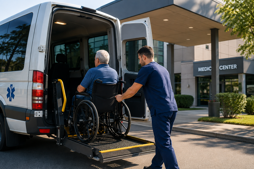 Paramedic pushing a wheelchair patient into an ambulance outside a medical center