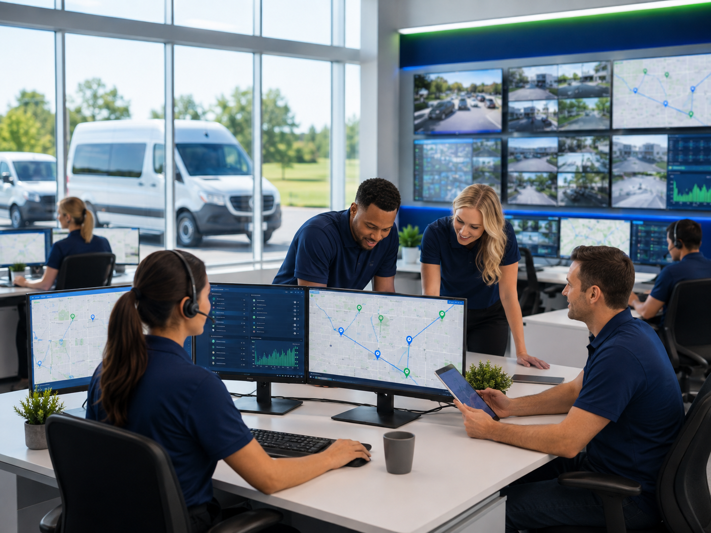 Team collaborating at a modern office desk with multiple monitors and wall screens showing maps and surveillance feeds