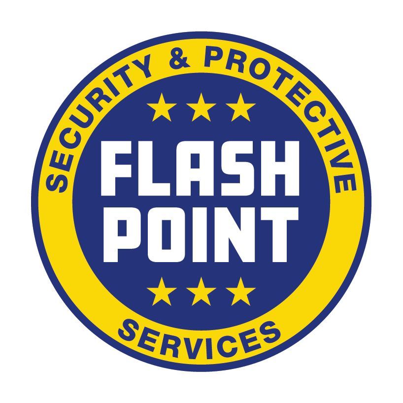 Blue and yellow circular Flash Point Security & Protective Services logo with stars.
