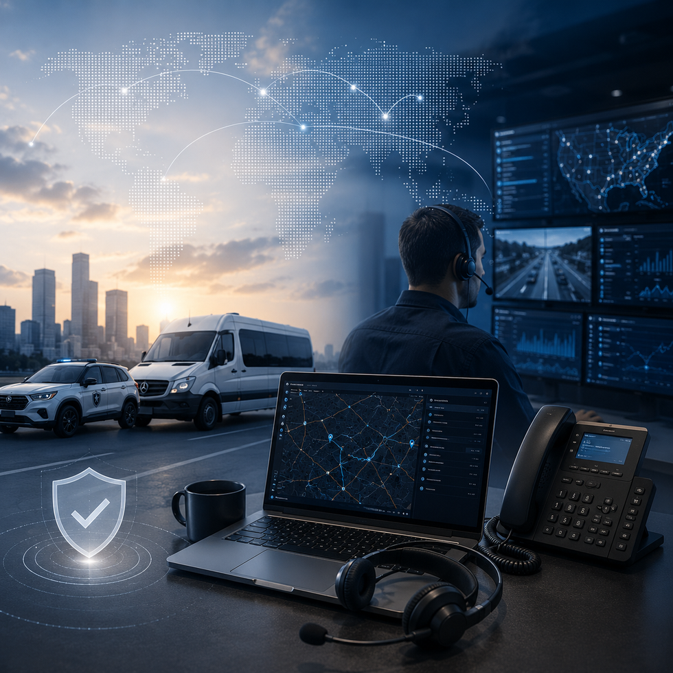 Cybersecurity monitoring desk with laptop, headset, phone, city skyline, vehicles, and wall of data screens
