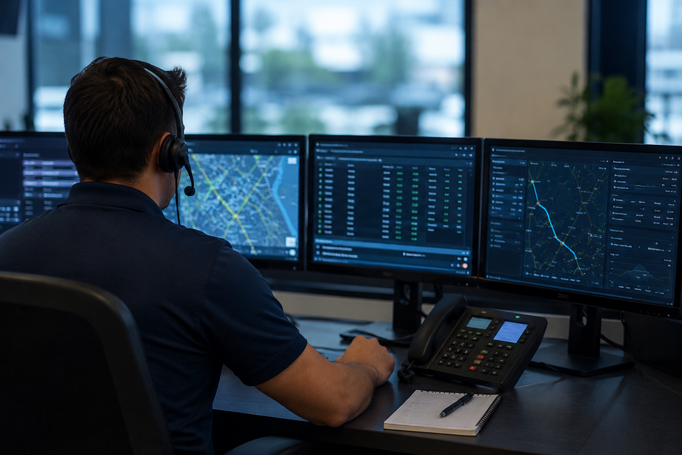Operator monitoring multiple data screens in a dark office, with a phone on the desk.