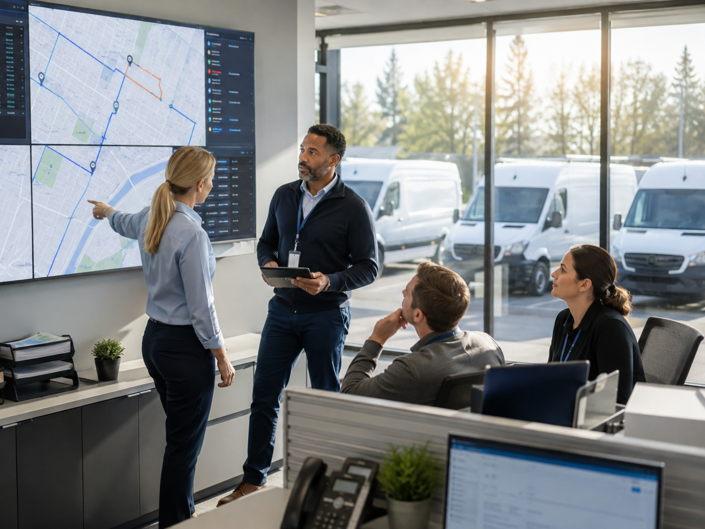 Team in office meeting around a large wall display, one person pointing at a map with colleagues listening.