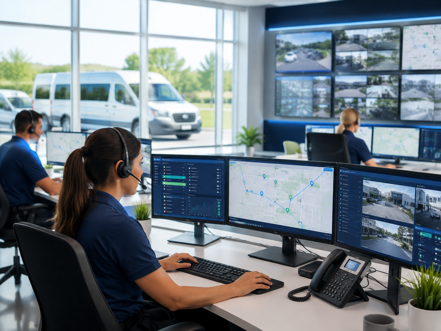 Security operations center with staff monitoring multiple screens and cameras in a bright office
