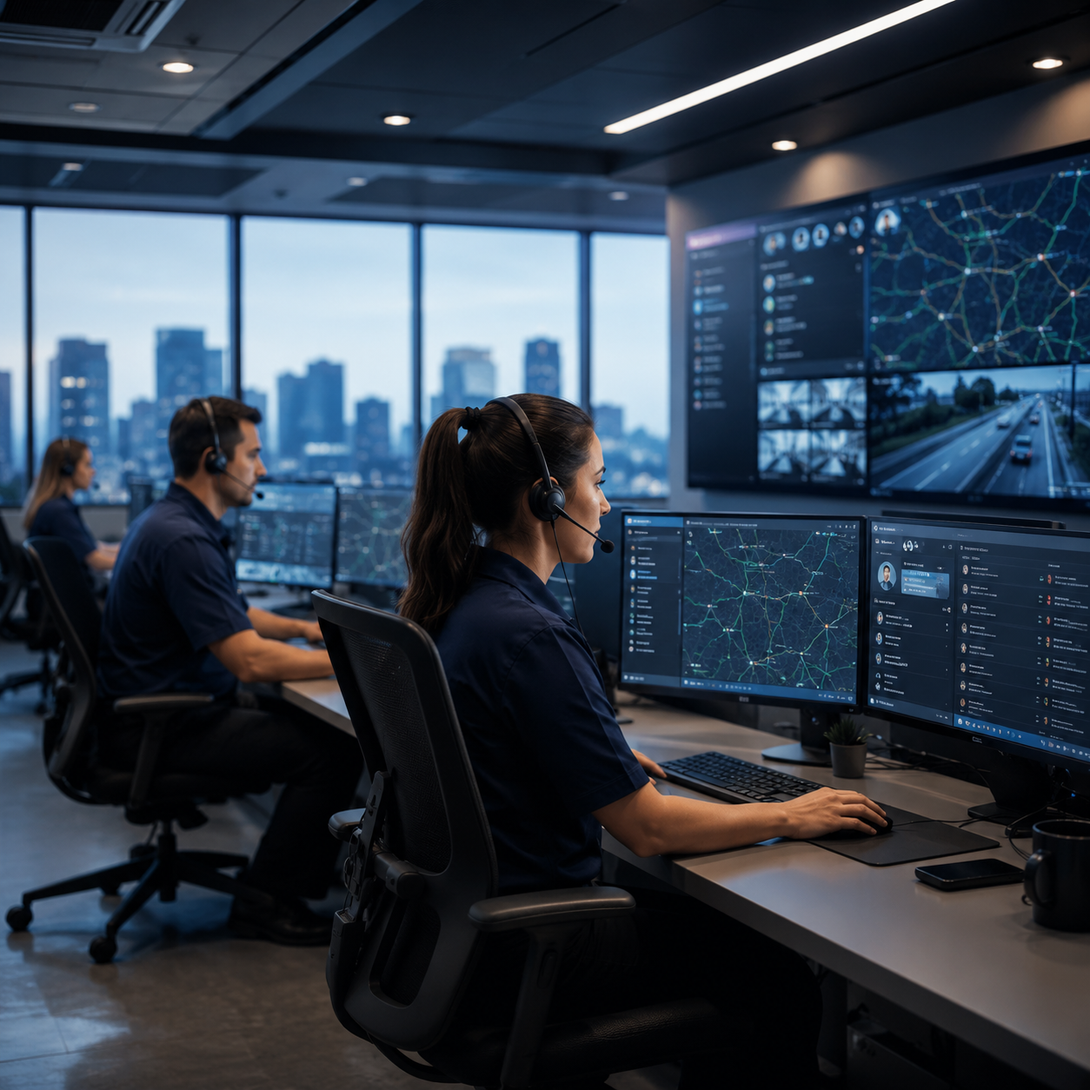 Technicians monitoring multiple screens in a modern control room with city skyline views