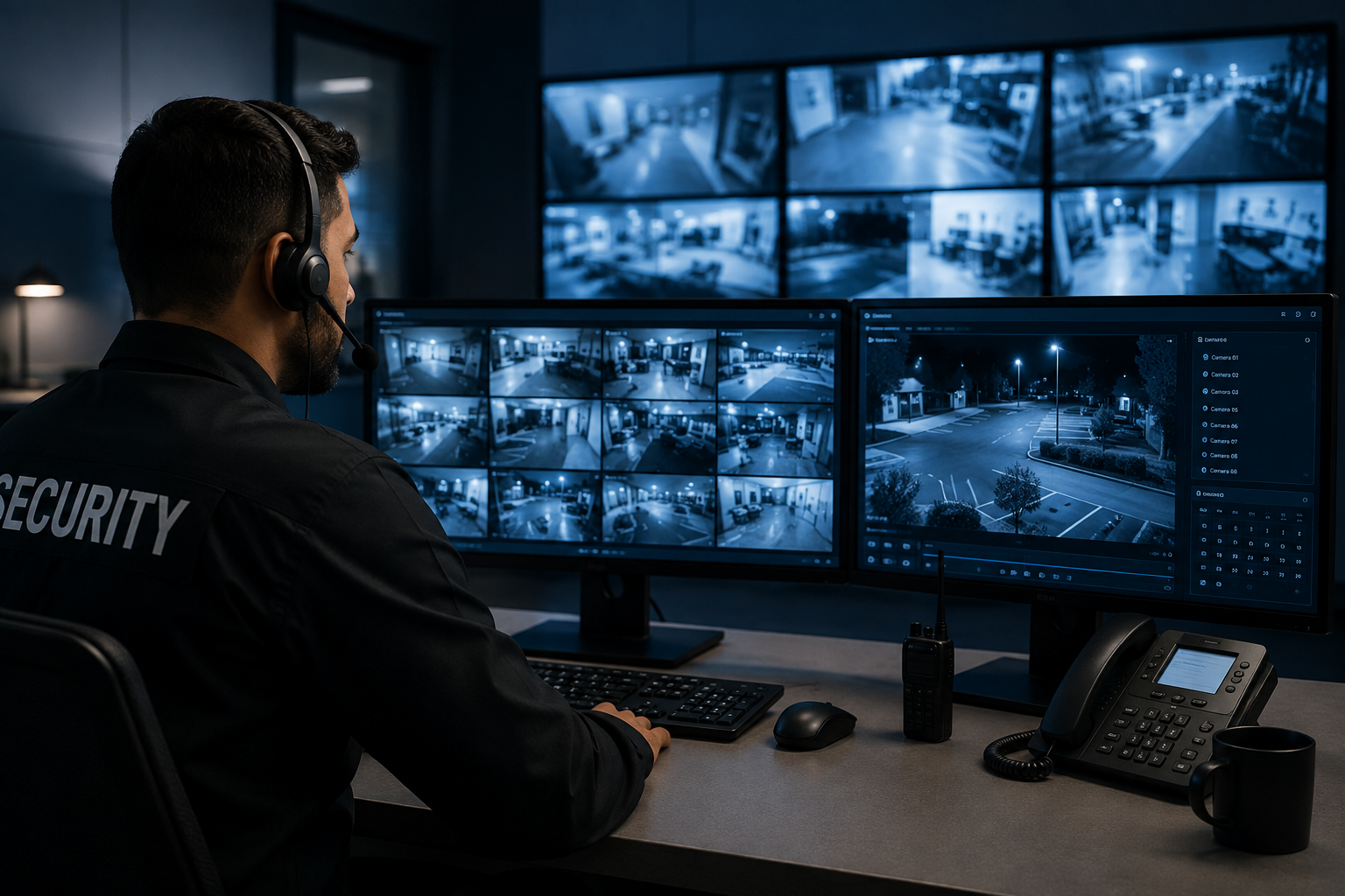 Security guard monitoring multiple CCTV screens in a dark control room