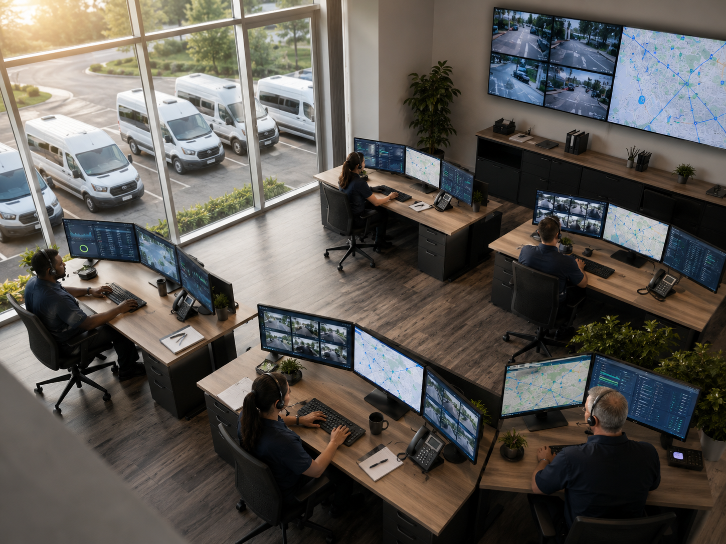 Control room with several operators at curved monitors overlooking parked white vehicles outside.