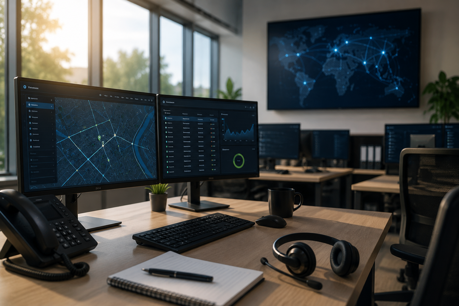 Modern office with dual monitors showing dashboards, a desk phone, and a large world map display on the wall