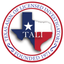 Texas Association of Licensed Investigators circular logo with a blue Texas silhouette, white star, and red border