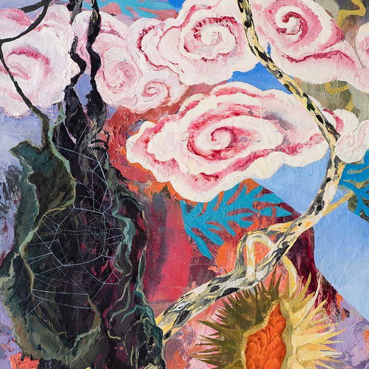 Pink clouds, twisted vines, and vibrant colors in an abstract, possibly landscape-inspired painting.