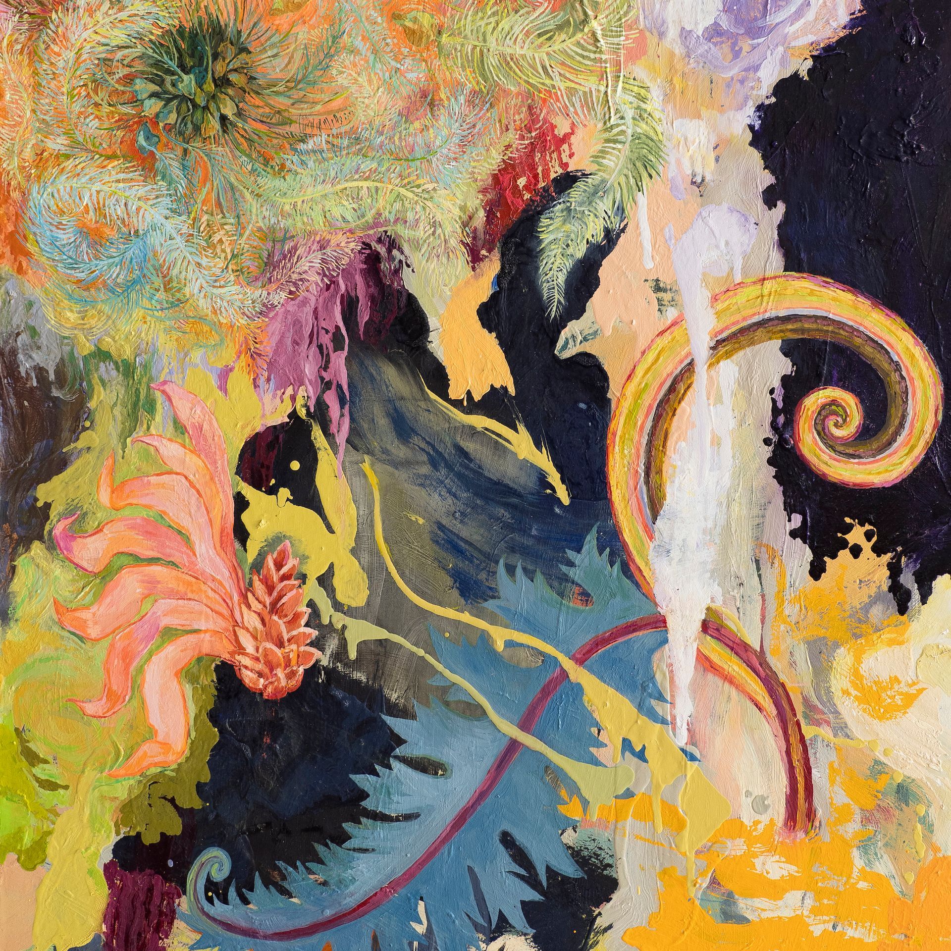 Abstract colorful painting with swirling shapes and floral elements.