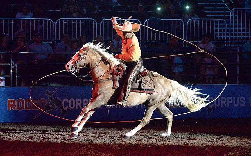 A man is riding a horse in a rodeo arena