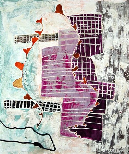 Abstract painting with light blue, white, purple, and orange shapes on a textured background.