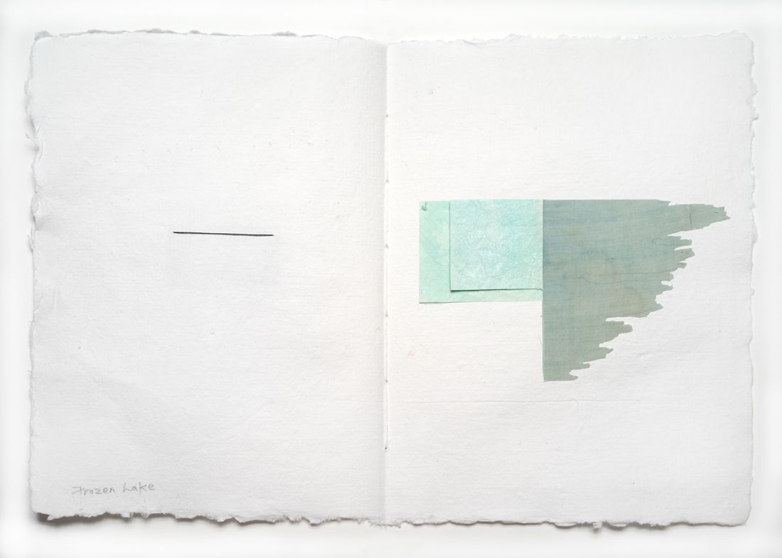 Two-page spread. Left: faint horizontal line. Right: overlapping teal squares, irregular edge on right. White background.