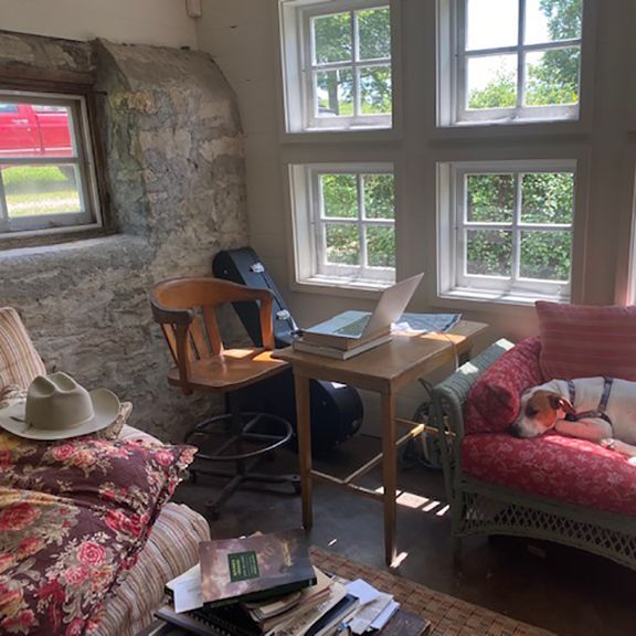 Cozy room with windows, laptop on a desk, dog sleeping on a couch, guitar in background.