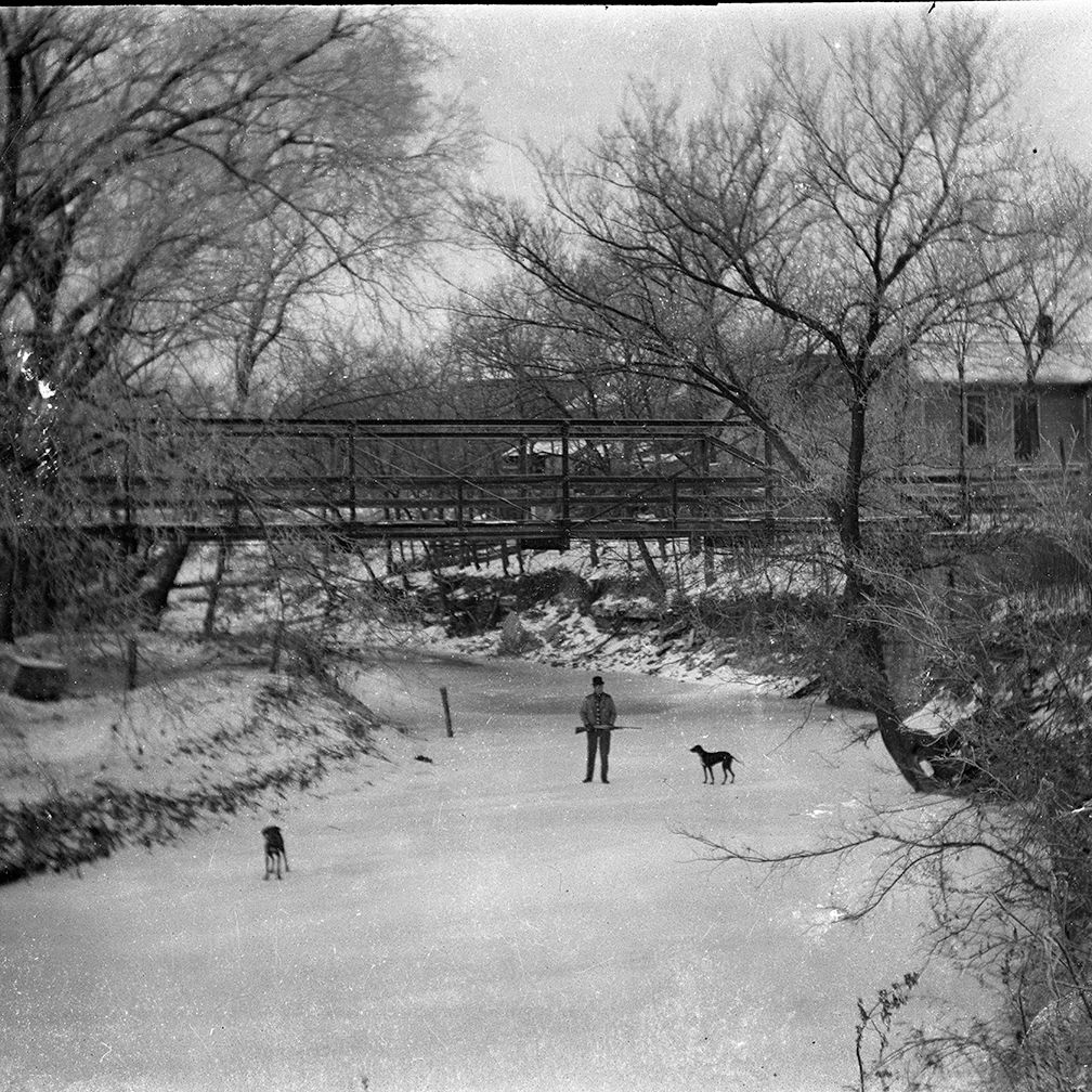 A person with two dogs on a frozen river beneath a bridge, winter scene.
