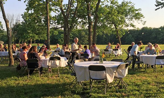 People seated at outdoor tables, dining in a grassy area with trees, under a sunny sky.