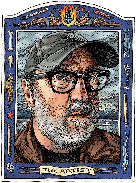 Portrait of a man wearing glasses and a cap. He has a beard and the inscription 