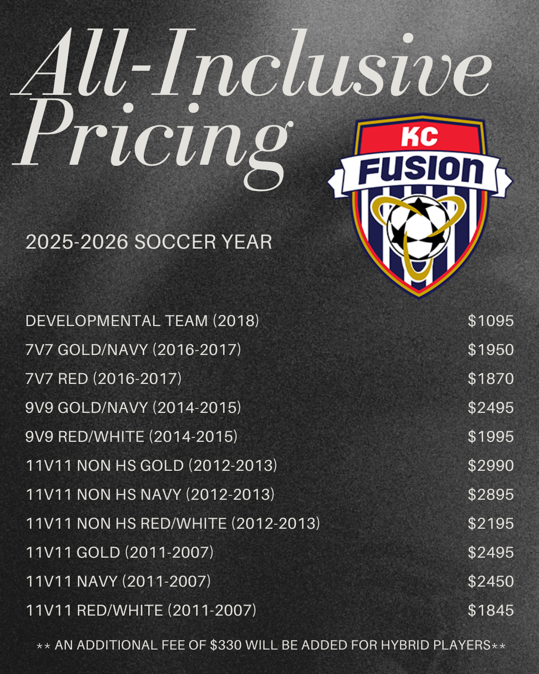 An all-inclusive pricing poster for KC Fusion Soccer Club