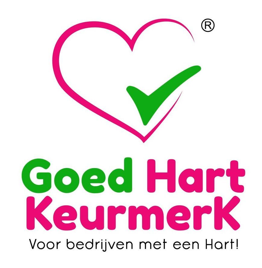 Goed Hart Keurmerk logo met roze hart en groen vinkje, met slogan “Voor bedrijven met een Hart!”