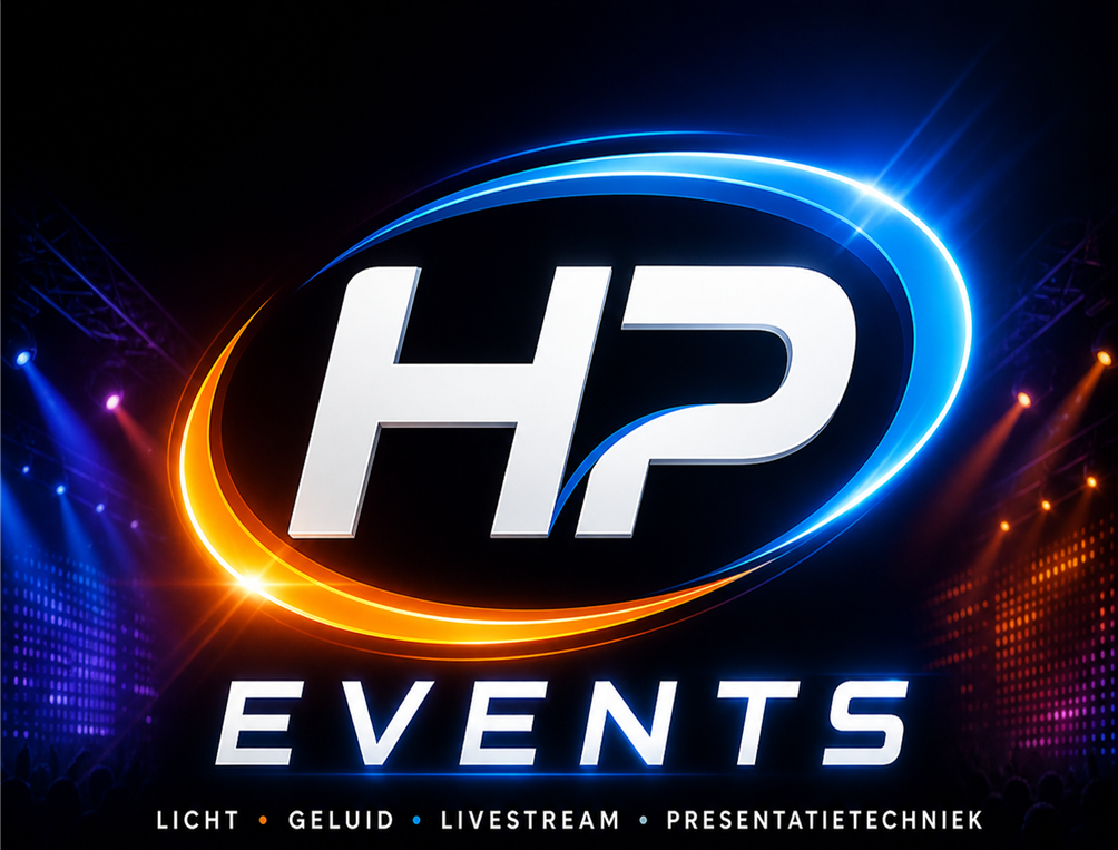 Het HP Events-logo  symboliseert de diensten op het gebied van verlichting, geluid, livestreaming en presentatie.