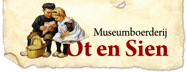 Logo voor Museumboerderij Ot en Sien, met een illustratie van twee kinderen en een achtergrond in perkamentstijl.