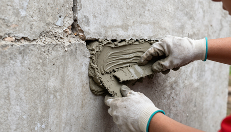 Concrete Blocks in Addis Ababa being repaired as a worker applies fresh mortar to a cracked gray masonry wall carefully.