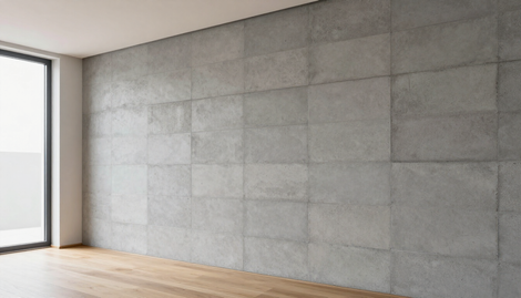 Concrete Blocks in Addis Ababa create a trim indoor masonry wall with even gray blocks and bright daylight from windows.