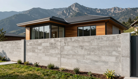 Concrete Blocks in Addis Ababa form a safe residential boundary wall around a modern home with mountains visible behind.