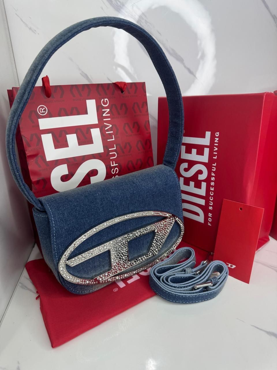 Bolso de mano Diesel en denim con logo 