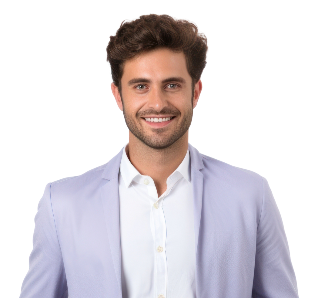 A man in a purple jacket and white shirt is smiling