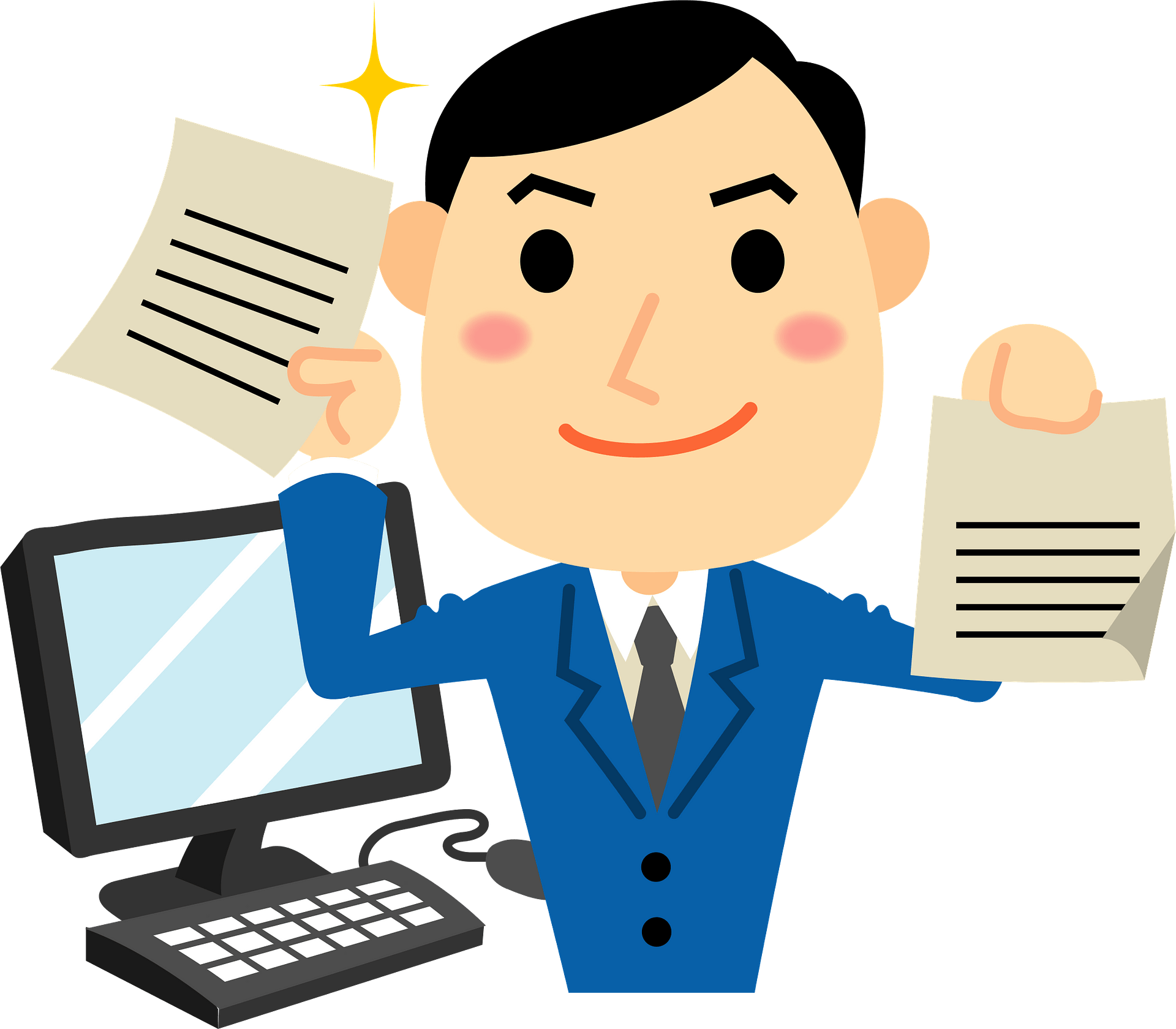 A man in a suit is holding a piece of paper in front of a computer.