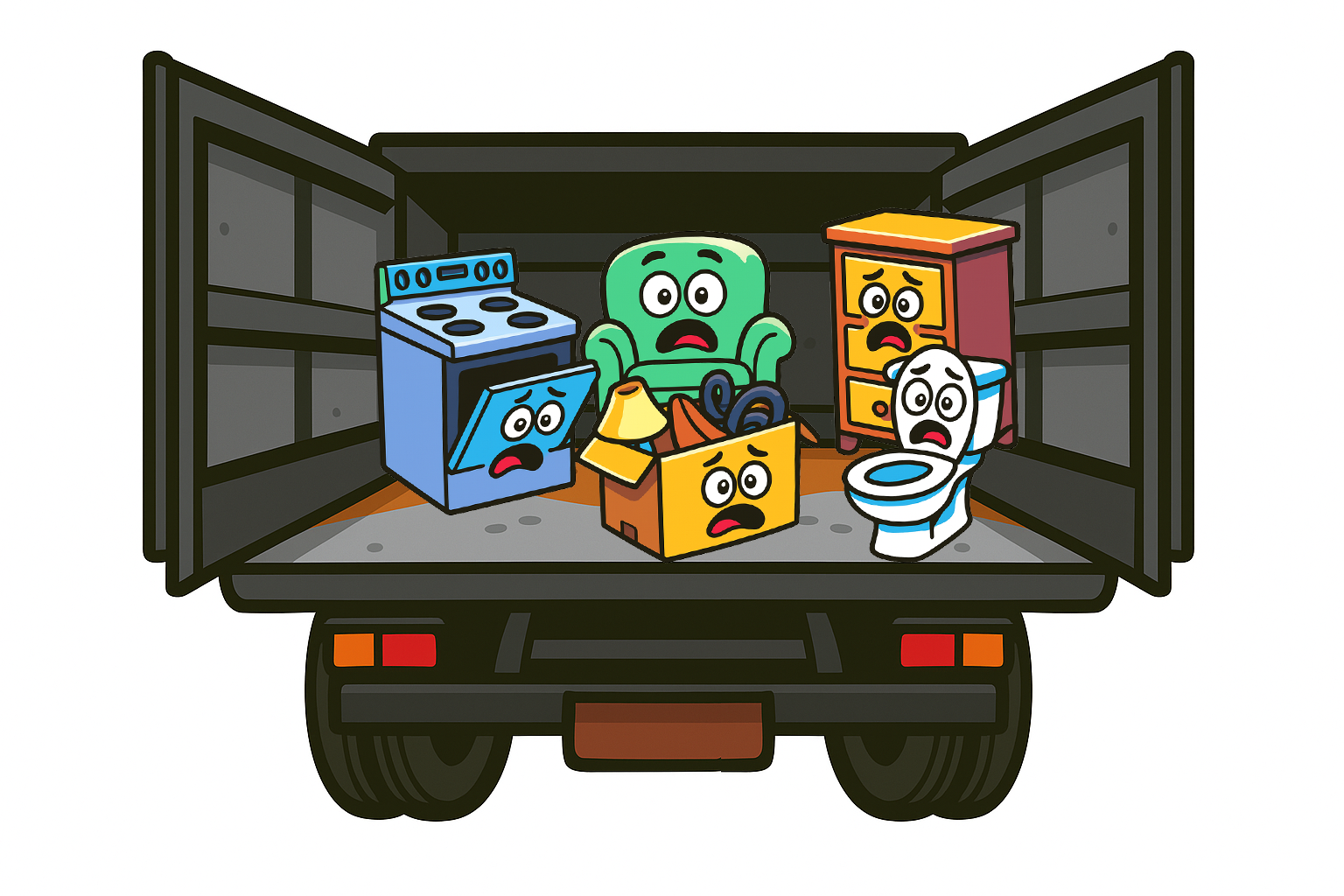 A truck bed filled with furniture and a box, all with frightened faces, about to move.