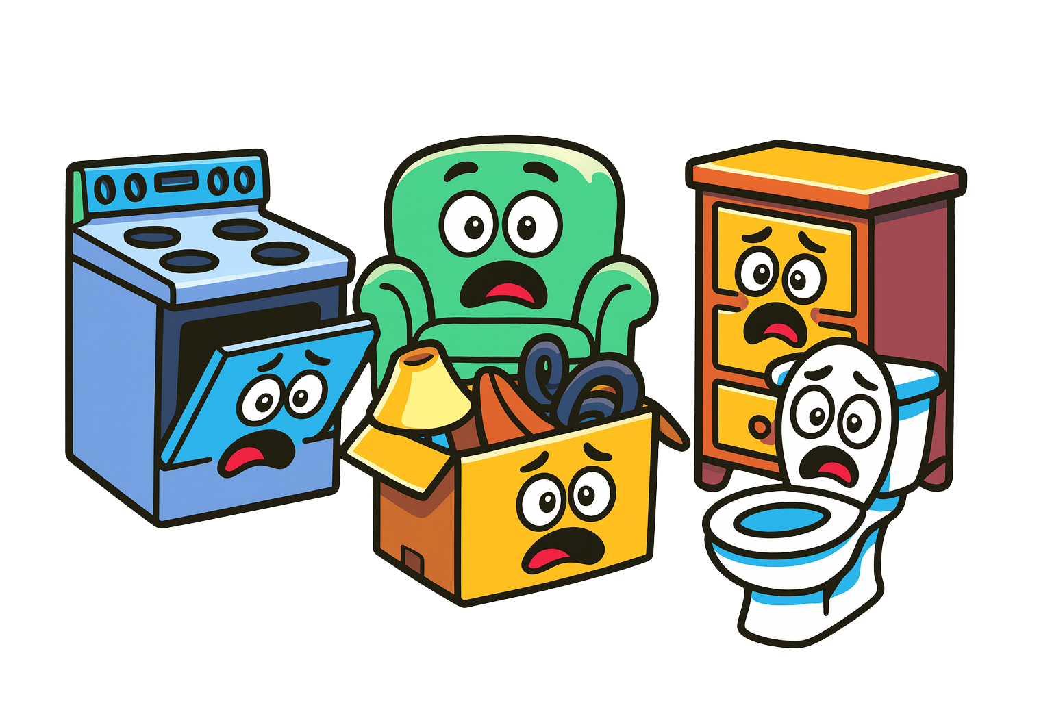 Cartoon of furniture and appliances with panicked faces.