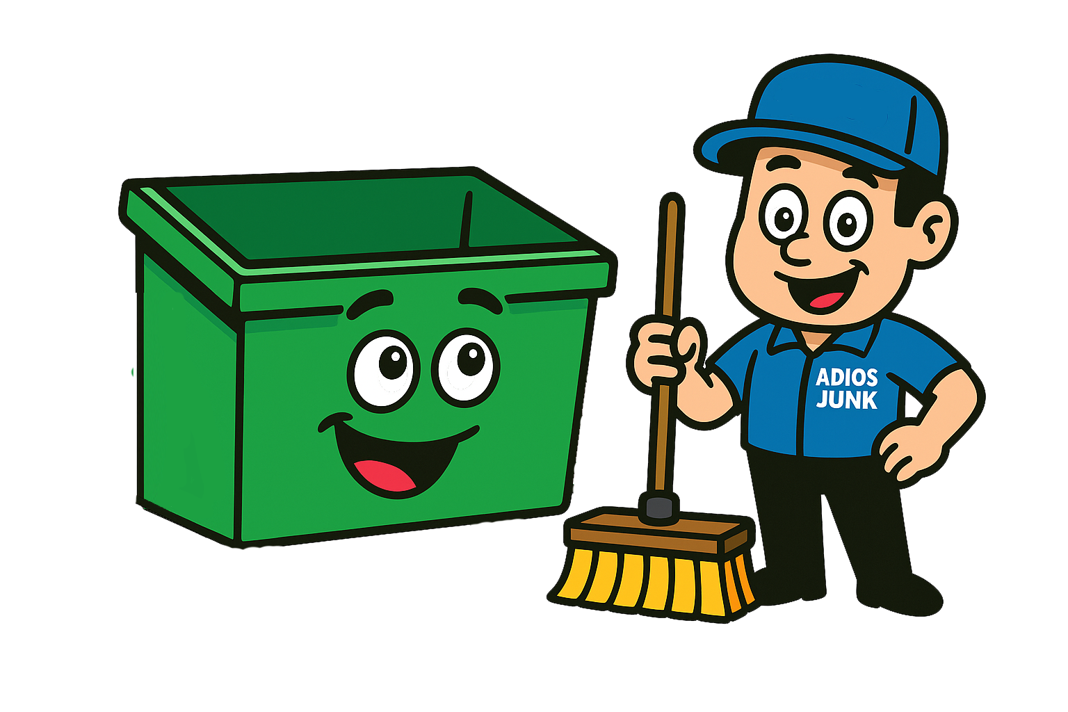 Green trash can with a smiling face next to a man in a blue uniform holding a broom.