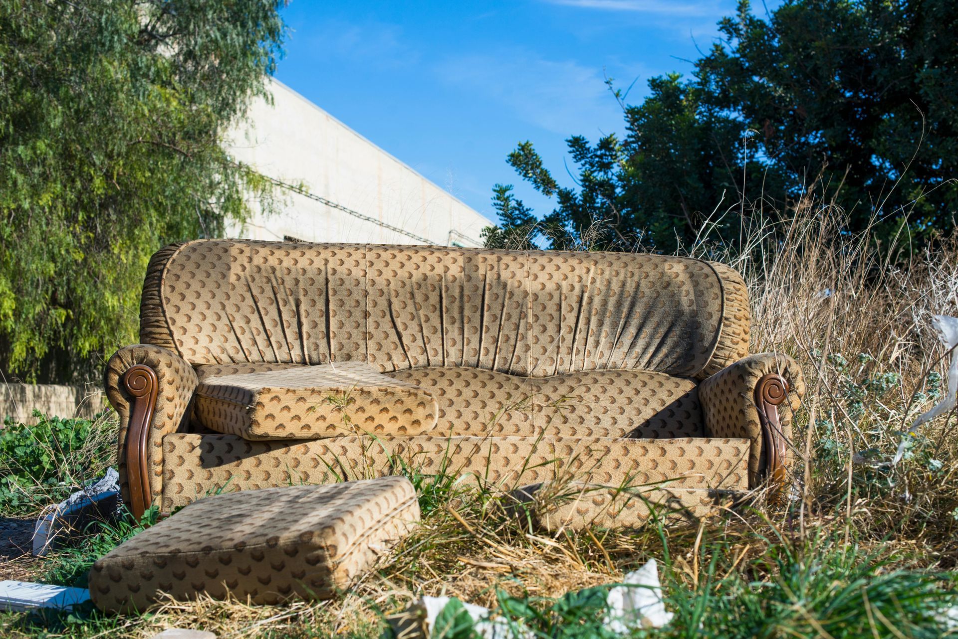 A discarded patterned sofa and ottoman sit in overgrown weeds outdoors, against a blue sky.