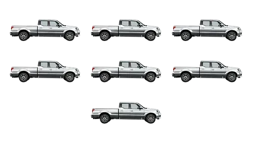 Seven silver pickup trucks, arranged in a circular pattern.