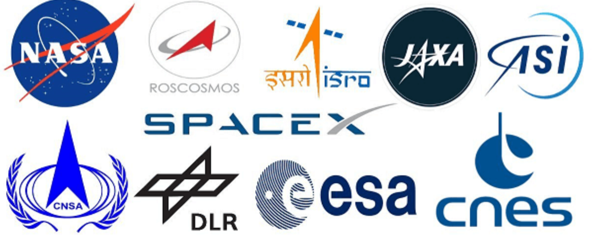 A collage of nasa spacex and other logos on a white background