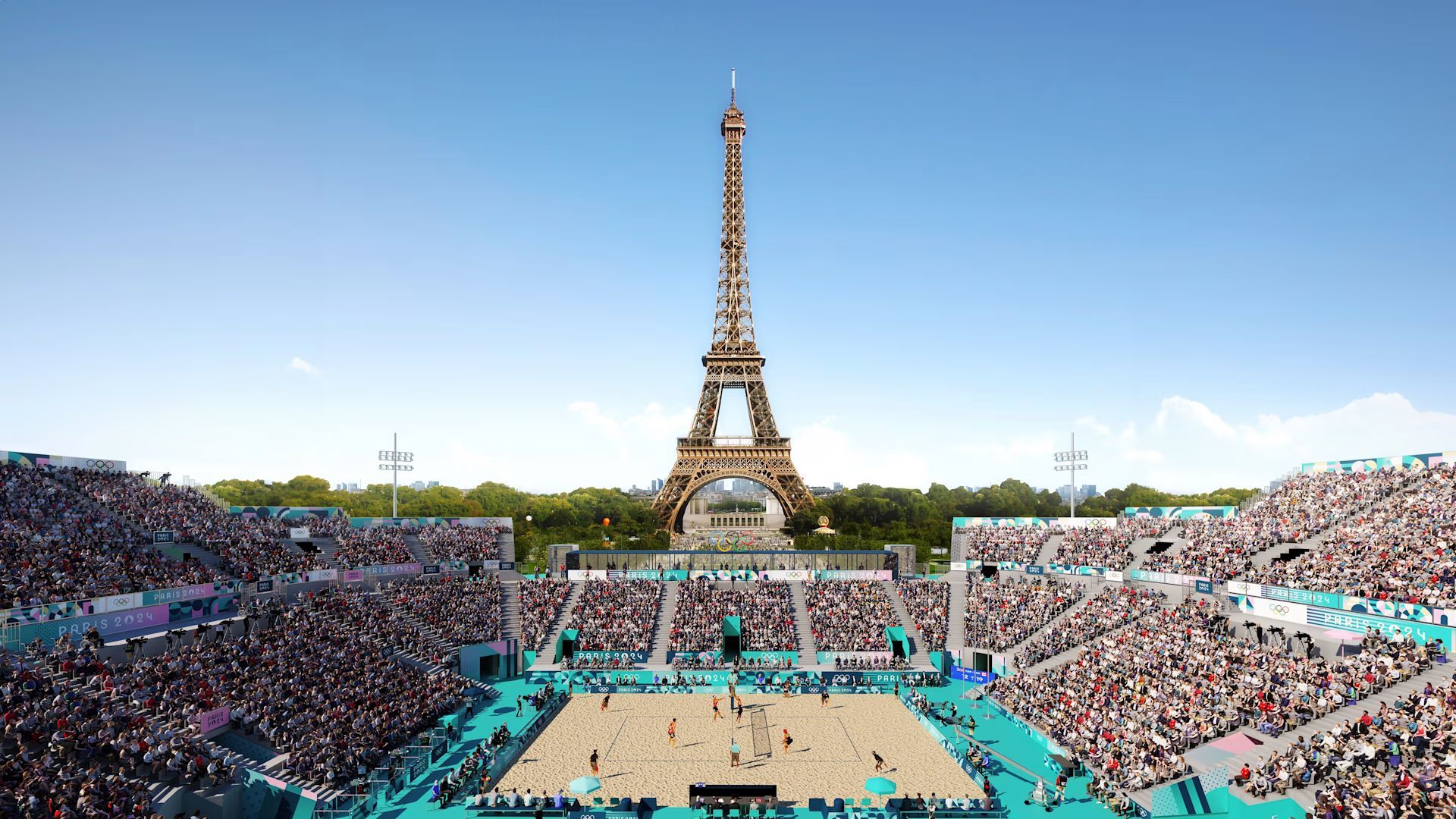 A volleyball stadium with the eiffel tower in the background