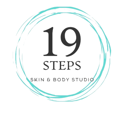 19 Steps Skin & Body Studio logo with teal circular brushstrokes and black text