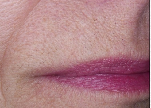 Close-up of closed lips with mauve lipstick on light skin.