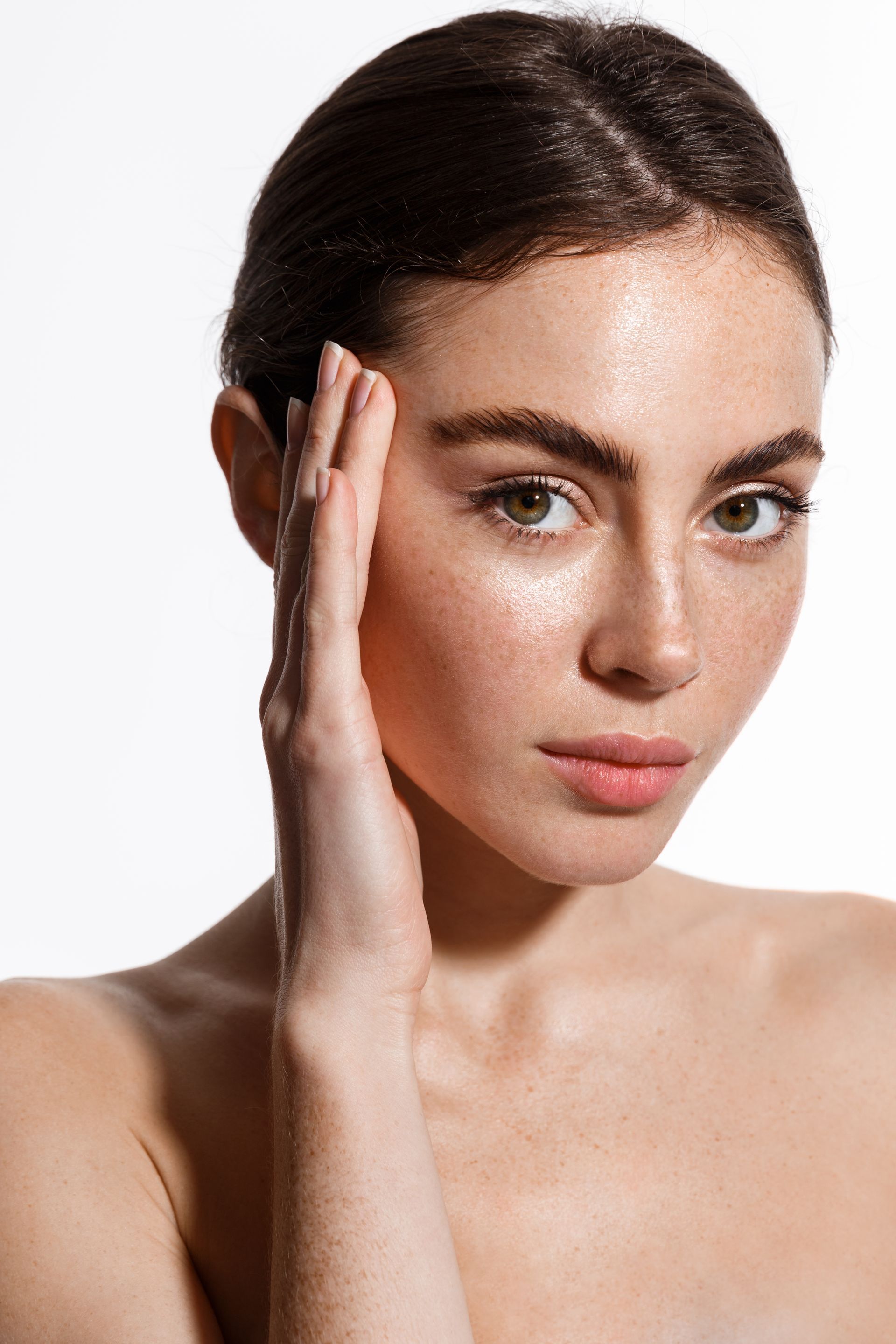 Model with cleanhydrated fresh skin on white