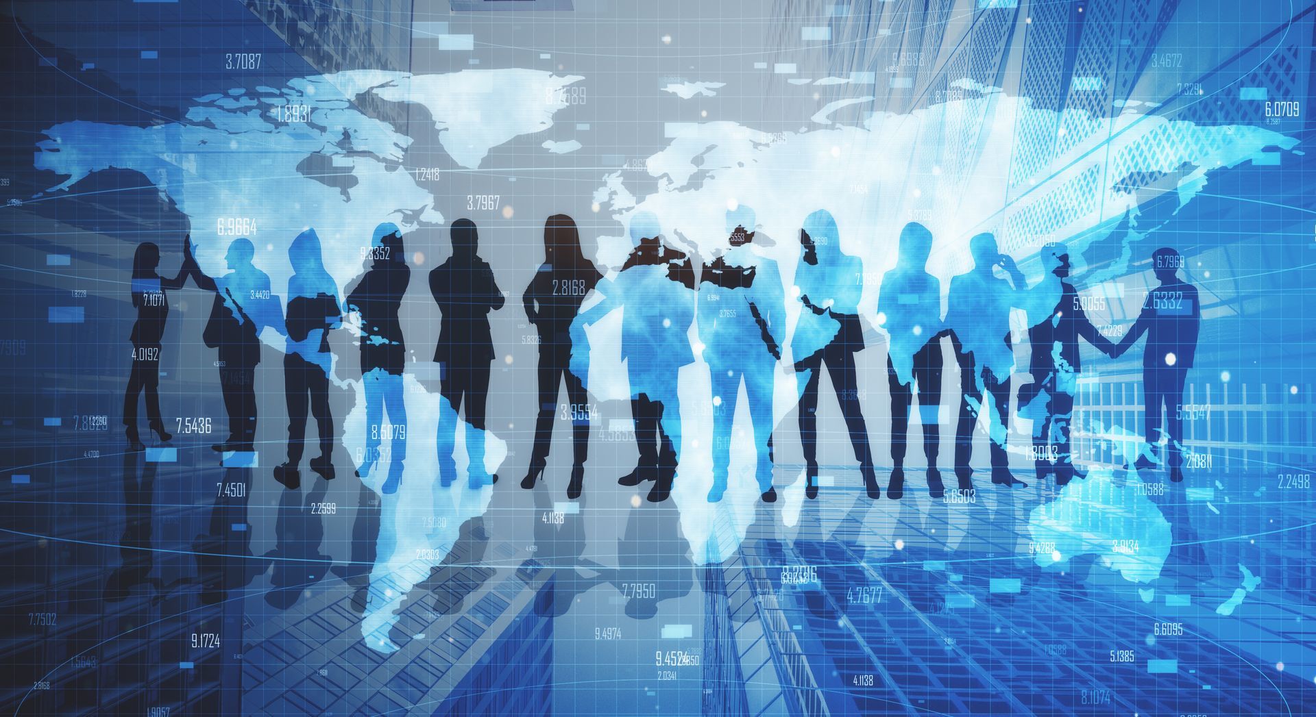 Abstract crowd silhouette on city background with glowing world map. Success and teamwork concept. Double exposure.