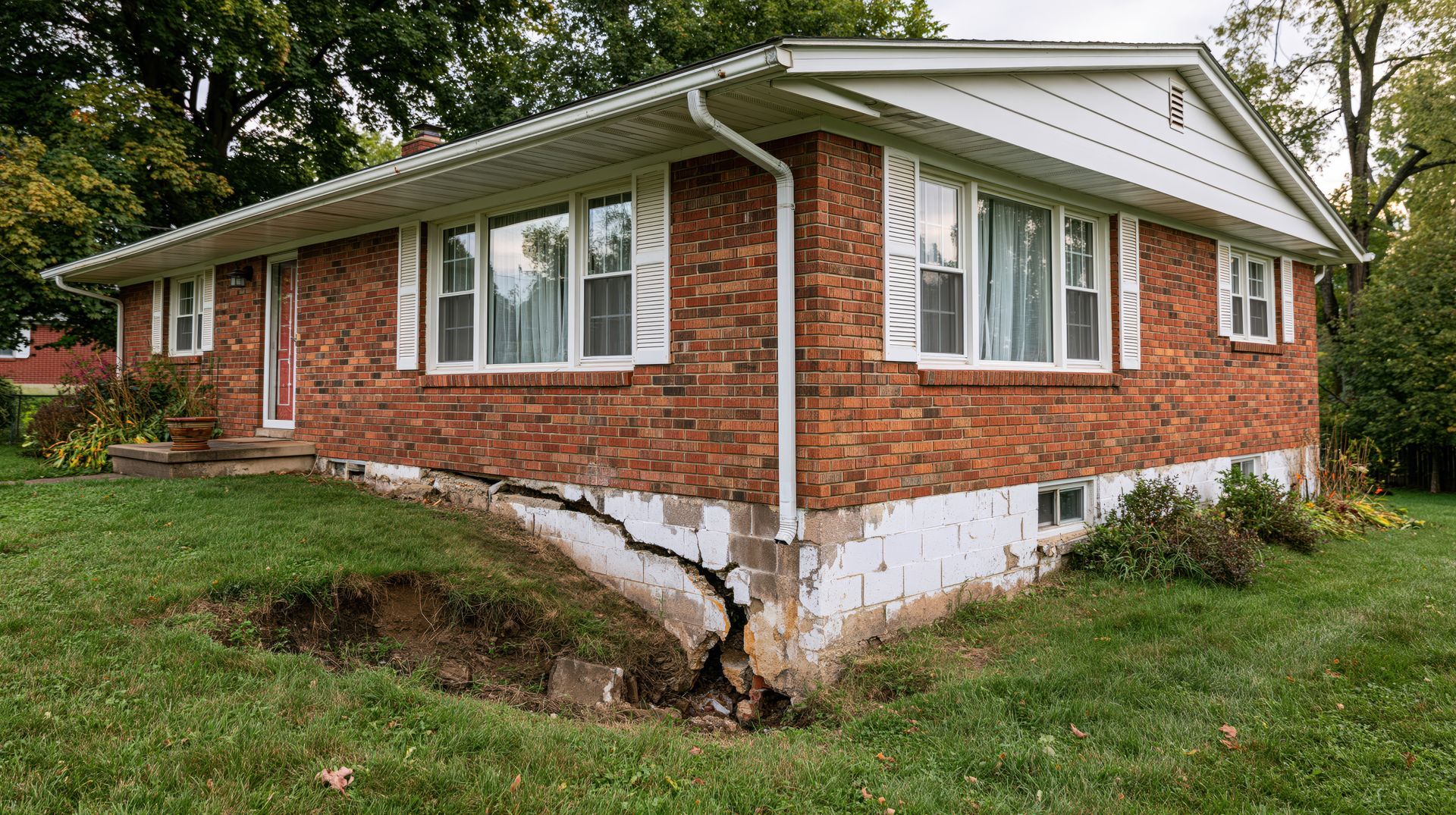 A large, dangerous structural crack in a brick house foundation and block wall, showing significant 