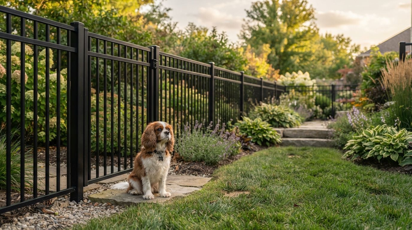 A tall black metal security fence lining a grassy backyard lawn and garden path to keep a pet dog