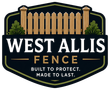 West Allis Fence Logo with Black and Gold Badge Emblem, Wooden Fence Graphic, Landscaping, and Company Name in West Allis, WI