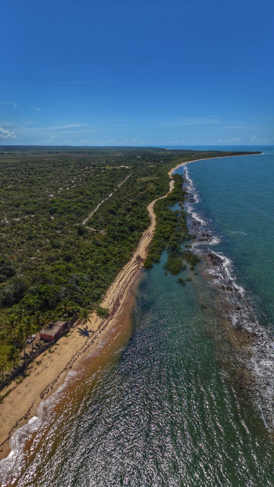 Vista aérea de uma costa rochosa com oceano azul, praia arenosa e terra verde sob um céu limpo.