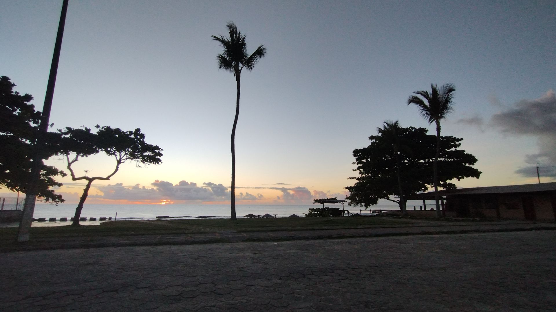 Cena de pôr do sol na praia com palmeiras em silhueta contra um céu nublado e um horizonte oceânico calmo.